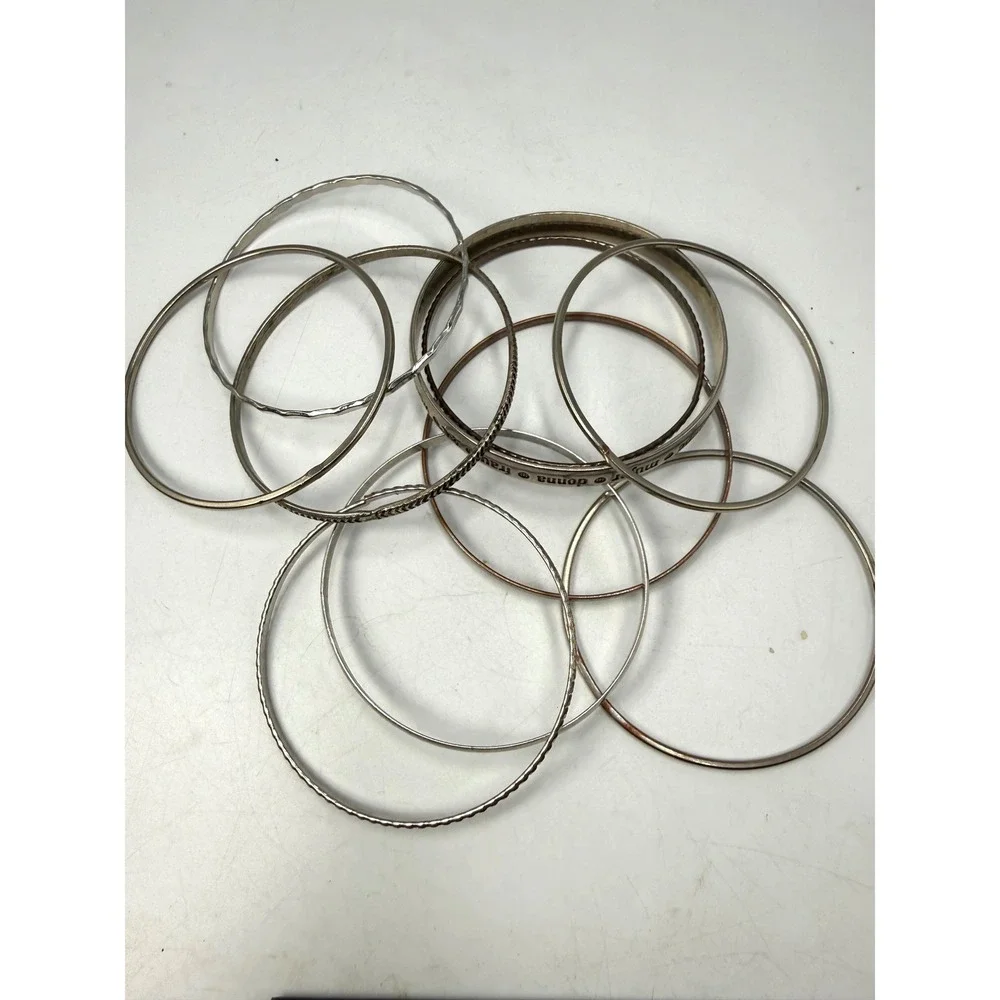 Vintage Silver Tone Multi Language Woman Bangle Bracelet Set Stackable 9pc